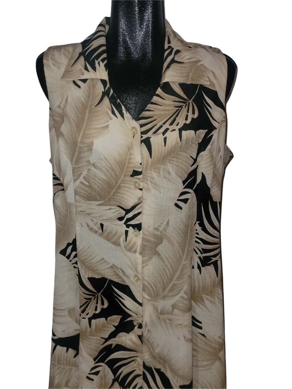 Hiroko 90's Sleeveless Tan & Black Tropical Print Button-Front Maxi Dress XL - Picture 3 of 8